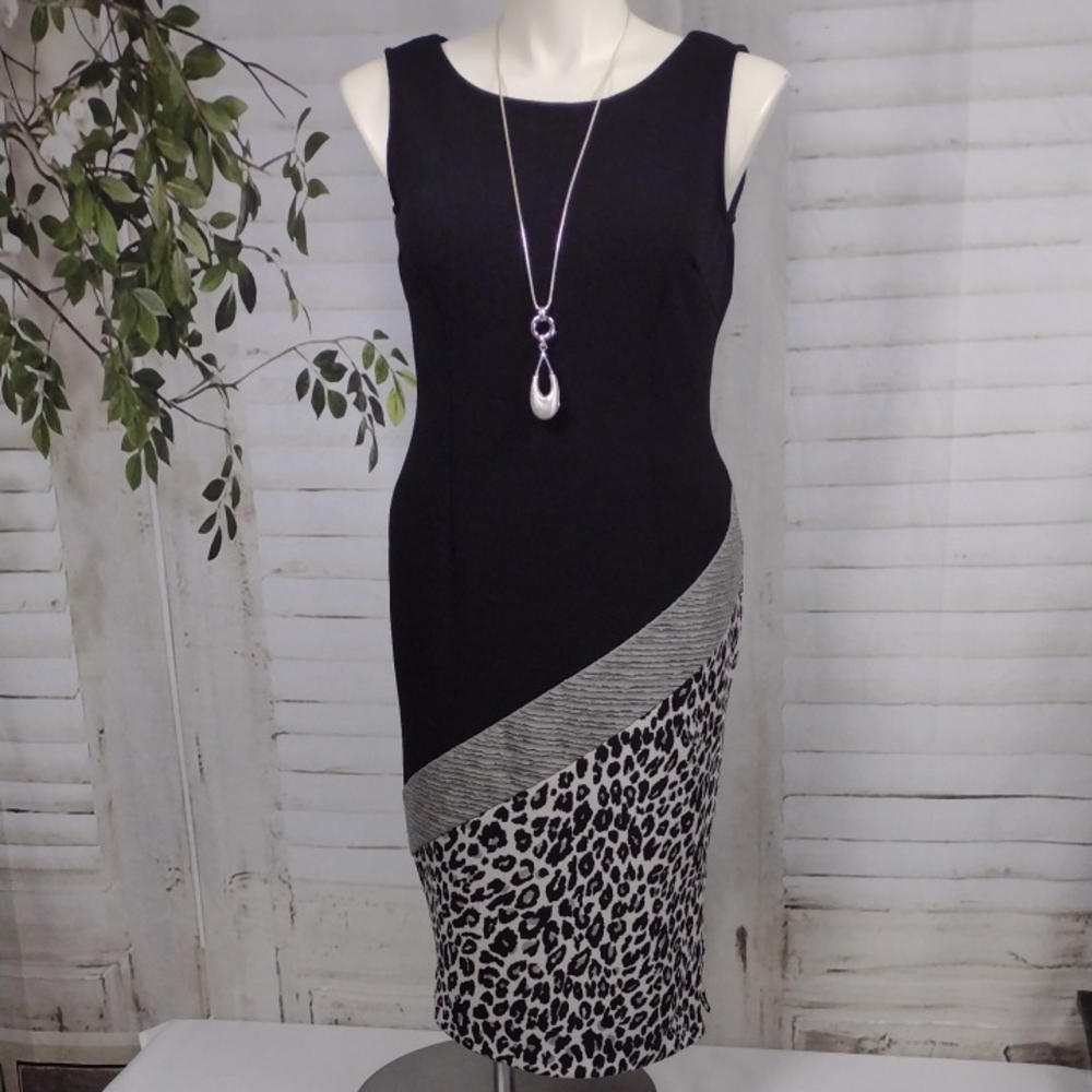 Sleeveless Black Midi Sheath Dress with Gray Leopard Accent Size 10